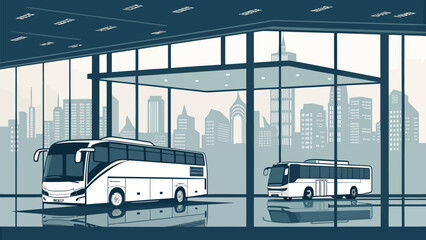Modern bus station interior with city skyline view, passenger transport services, public transportation terminal, urban mobility, travel and tourism industry