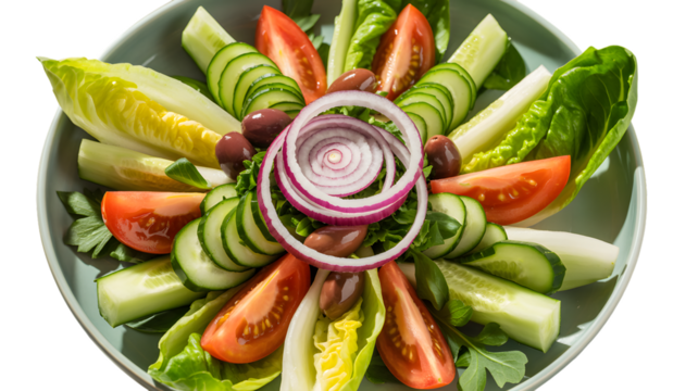 Fresh salad with tomatoes cucumbers olives and red onion on a light plate on transparent background