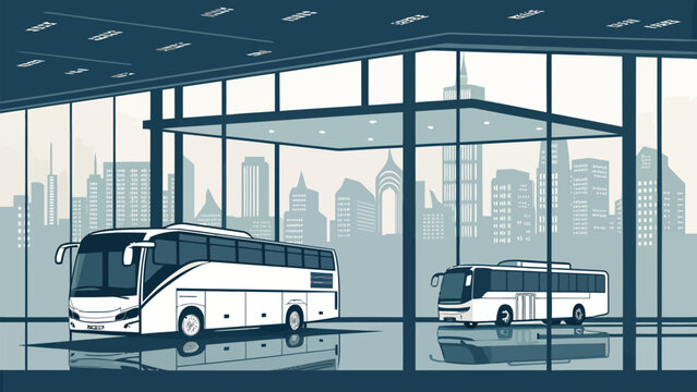 Modern bus station interior with city skyline view, passenger transport services, public transportation terminal, urban mobility, travel and tourism industry - Powered by Adobe