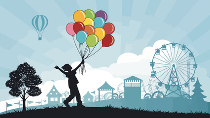 Joyful freedom! Silhouette of child with balloons against amusement park backdrop evokes carefree summer days and happy memories perfect for family events