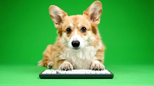 Adorable corgi puppy attentively looking forward with paws on a keyboard