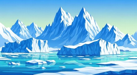 Polar Winter Landscape with Icebergs and Mountains