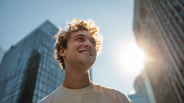 A young man with curly hair smiles brightly as he stands outdoors. The sun shines behind him highlighting his joyful expression against a backdrop of modern skyscrapers.