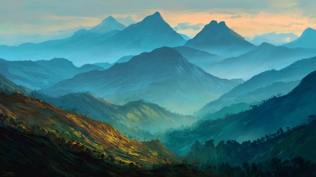 Vibrant mountain landscape with soaring peaks, rolling ridges, and dramatic sky at golden hour creating a serene natural wilderness view with warm sunlight illuminating rugged terrain and peaceful out - Powered by Adobe
