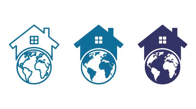 Global real estate market icons, blue homes with world map, international housing solutions, property investment, worldwide homes, real estate, blue