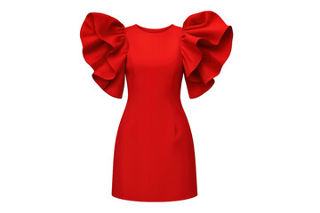 Elegant red dress with ruffled sleeves isolated on a transparent background
