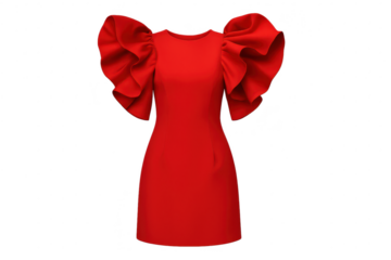 Elegant red dress with ruffled sleeves isolated on a transparent background