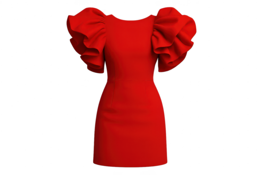 Elegant short red dress with ruffle sleeves, isolated on transparent background