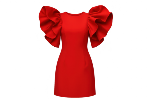 Elegant red dress with ruffled sleeves isolated on a transparent background