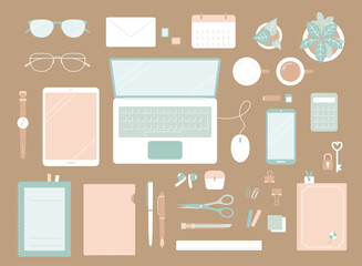くすみカラーの俯瞰ビジネスデスクセット／パステル文房具とPCのフラットレイ