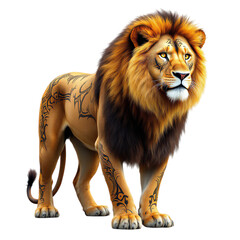 Obraz premium Majestic lion with intricate tribal tattoos standing confidently on a pristine transparent background, showcasing strength and artistry