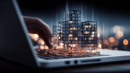 Futuristic city skyscrapers are displayed on a laptop, visualizing modern technology and urban development.