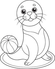 Adorable cartoon baby seal pup playing with a striped beach ball, perfect line art coloring page for kids.