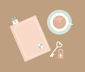 くすみカラーの日記帳セット／鍵とコーヒーのシンプルなデスクレイアウト