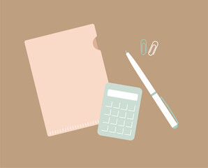 くすみカラーの事務セット／電卓とボールペンとクリアファイルの経理ワークスペース