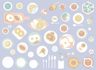 くすみカラーのカフェ朝食セット／俯瞰で並べたパンとドリンクのフラットレイ