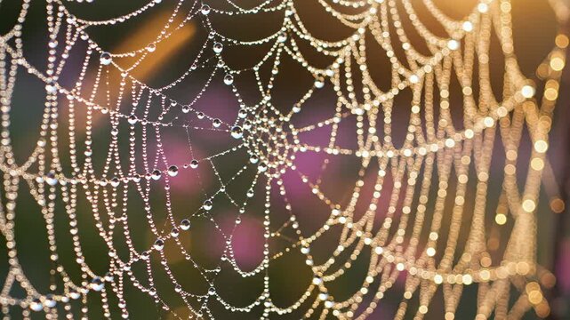 Close up of delicate spiderweb with water droplets illuminated by sunlight