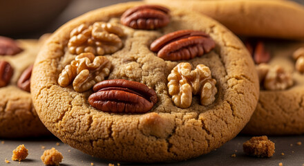 Delicious homemade chocolate chip cookies on a wooden background with nuts and brown sugar for a sweet dessert snack