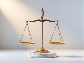 Golden Balance Scales Of Justice On Marble Pedestal Symbolizing Fairness And Law. A polished golden balance scales sit centered on a white marble base, conveying justice, fairness, and impartial law. 