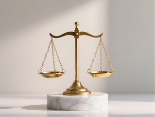 Golden Balance Scales Of Justice On Marble Pedestal Symbolizing Fairness And Law. A polished golden balance scales sit centered on a white marble base, conveying justice, fairness, and impartial law. 