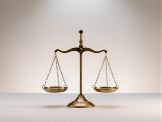 Golden Balance Scales Of Justice On Marble Pedestal Symbolizing Fairness And Law. A polished golden balance scales sit centered on a white marble base, conveying justice, fairness, and impartial law. 