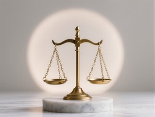 Golden Balance Scales Of Justice On Marble Pedestal Symbolizing Fairness And Law. A polished golden balance scales sit centered on a white marble base, conveying justice, fairness, and impartial law. 