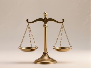 Golden Balance Scales Of Justice On Marble Pedestal Symbolizing Fairness And Law. A polished golden balance scales sit centered on a white marble base, conveying justice, fairness, and impartial law. 