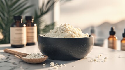 Powdered Ingredient with Wooden Spoon and Amber Bottles