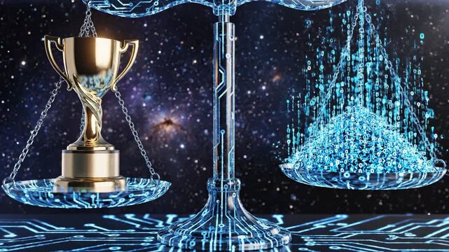 Conceptual image of balance trophy and digital data on a weighing scale
