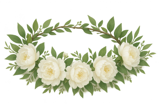 Watercolor floral wreath with white blooms and green leaves, isolated subject.