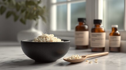 Powdered Ingredient with Wooden Spoon and Amber Bottles