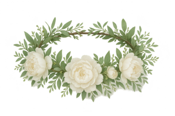 Elegant white peony floral wreath with green leaves isolated on transparent background