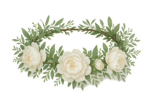 Elegant white peony floral wreath with green leaves isolated on transparent background - Powered by Adobe