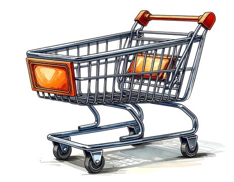 Digitally created illustration of a metal shopping cart with an orange accent
