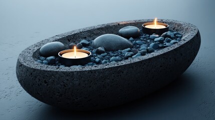 Zen Stone Bowl with Pebbles and Tealight Candles