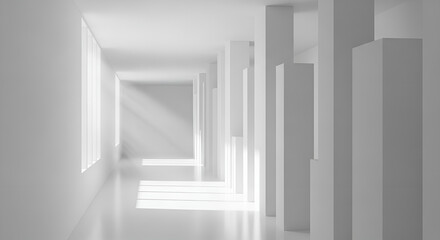 Obraz premium Sleek minimalist architectural corridor bathed in natural light, featuring striking geometric pillars and a profound sense of depth within a pristine, modern white interior space