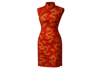 Red Chinese Cheongsam dress with golden dragons isolated on transparent background.