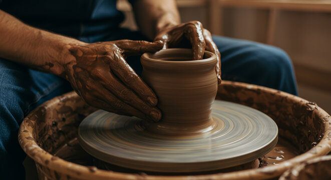 Close-up of a potter shaping clay on a spinning wheel in a pottery studio