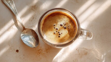 Cozy Glass Espresso Cup with Spoon on Light Table