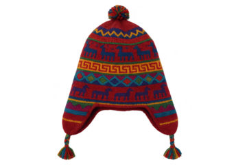 Colorful knitted chullo hat with pompom, isolated on clear background.