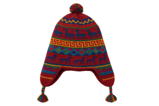Colorful knitted chullo hat with pompom, isolated on clear background.