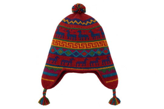 Colorful knitted chullo hat with pompom, isolated on clear background.