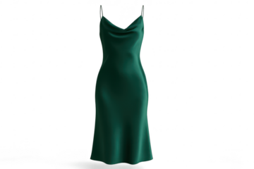 Dark green satin slip dress, full length, isolated on transparent background.
