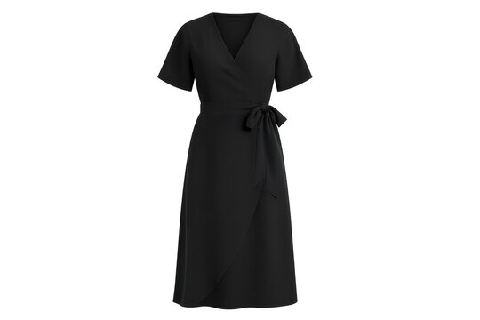 Elegant black wrap dress with short sleeves, isolated on transparent background
