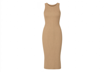 Stylish beige ribbed sleeveless midi bodycon dress, isolated on transparent background, fashion apparel