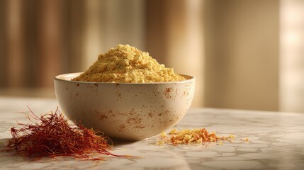 Yellow Spice and Red Saffron Strands in Handmade Bowl