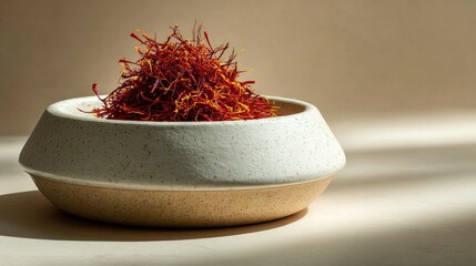 Saffron Threads in Minimalist Ceramic Bowl