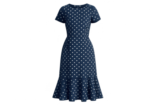 Blue polka dot midi dress with short sleeves, isolated on transparent background.