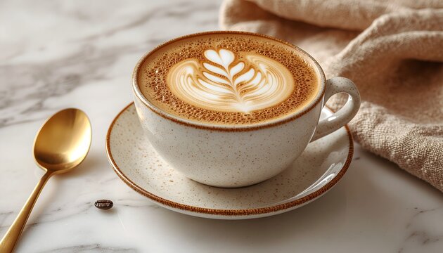 A closeup of a hot cappuccino or coffee drink with rich brown espresso and white milk foam in a ceramic cup on a cafe table - Powered by Adobe