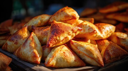 Xinjiang samsa, hand-shaped triangular pastries, golden blistered crust, beef and onion filling